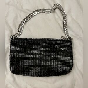 Stradivarius Black Crystal Shoulder Bag with Chunky Silver Chain